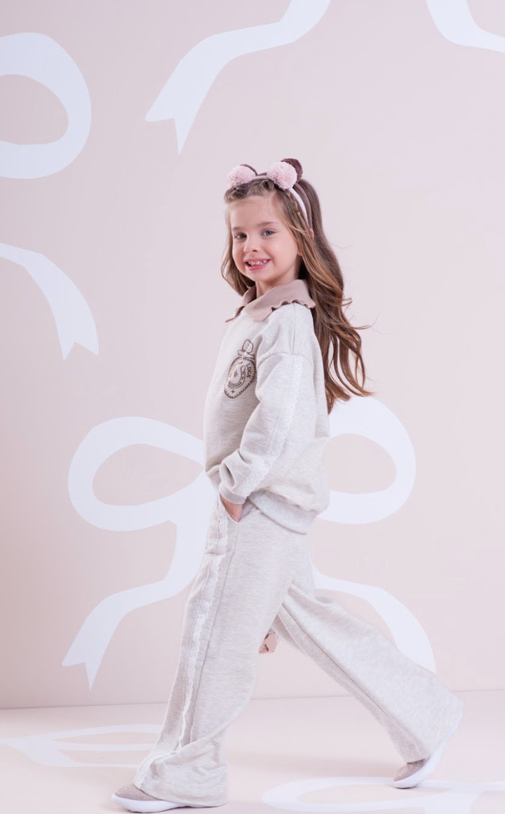 Conjunto Infantil Moletom Mescla Casaco Gola Tricot Good Luck Cavalinho e Calça Reta Broderi - Pituchinhus