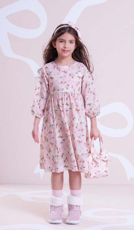 Vestido Infantil Algodão Estampa Cavalinhos e Poá Bolsos Rosa - Pituchinchus