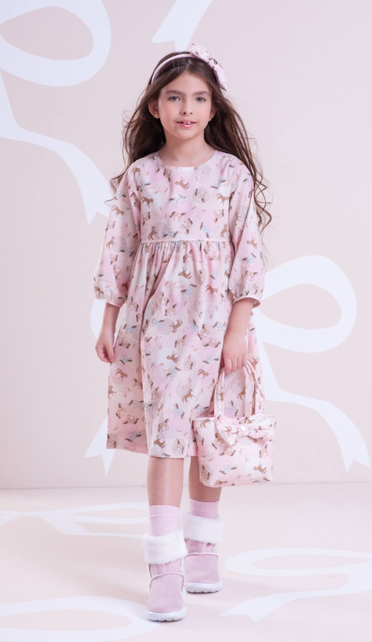 Vestido Infantil Algodão Estampa Cavalinhos e Poá Bolsos Rosa - Pituchinchus