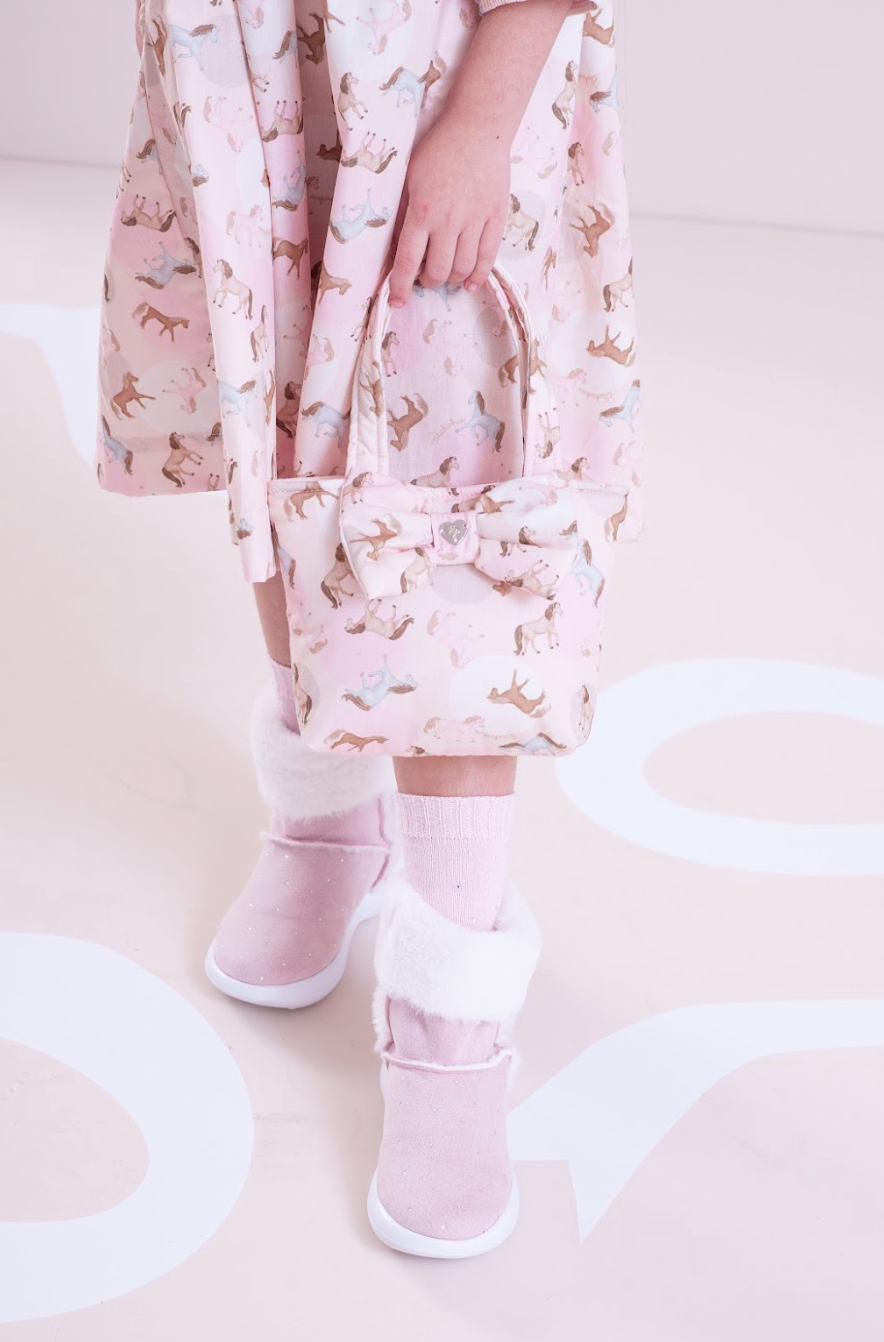 Vestido Infantil Algodão Estampa Cavalinhos e Poá Bolsos Rosa - Pituchinchus
