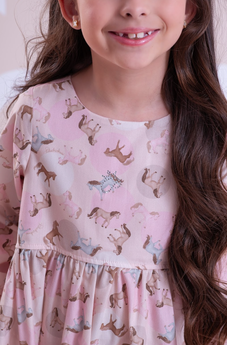 Vestido Infantil Algodão Estampa Cavalinhos e Poá Bolsos Rosa - Pituchinchus