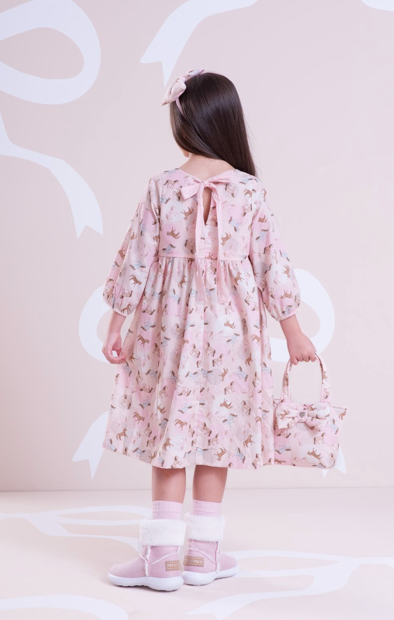 Vestido Infantil Algodão Estampa Cavalinhos e Poá Bolsos Rosa - Pituchinchus