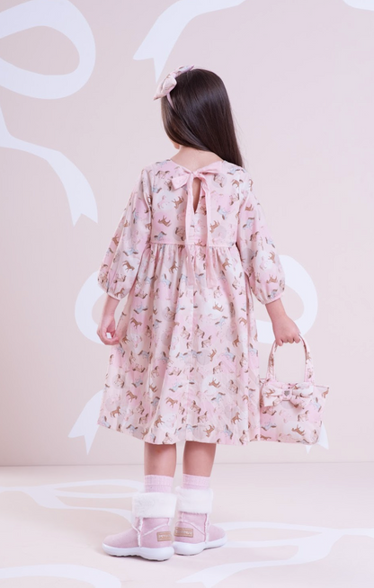 Vestido Infantil Algodão Estampa Cavalinhos e Poá Bolsos Rosa - Pituchinchus