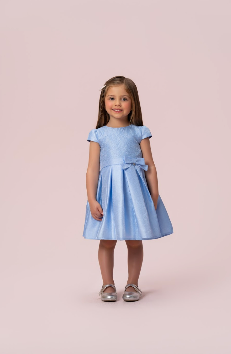Vestido Infantil Festa Busto Bordado Lacinho Azul Claro - Petit Cherie