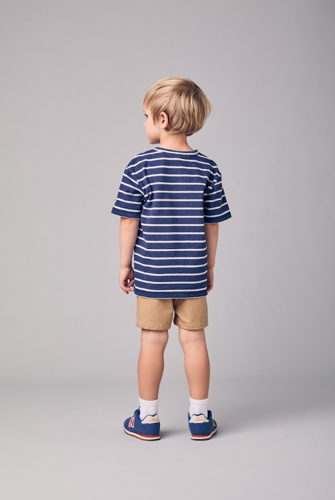 Conjunto Infantil Blusa MC Listrada Azul Marinho e Bermuda Bege - Youccie