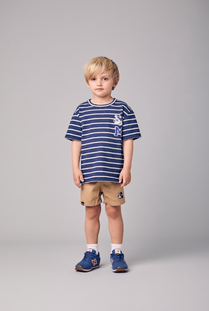 Conjunto Infantil Blusa MC Listrada Azul Marinho e Bermuda Bege - Youccie