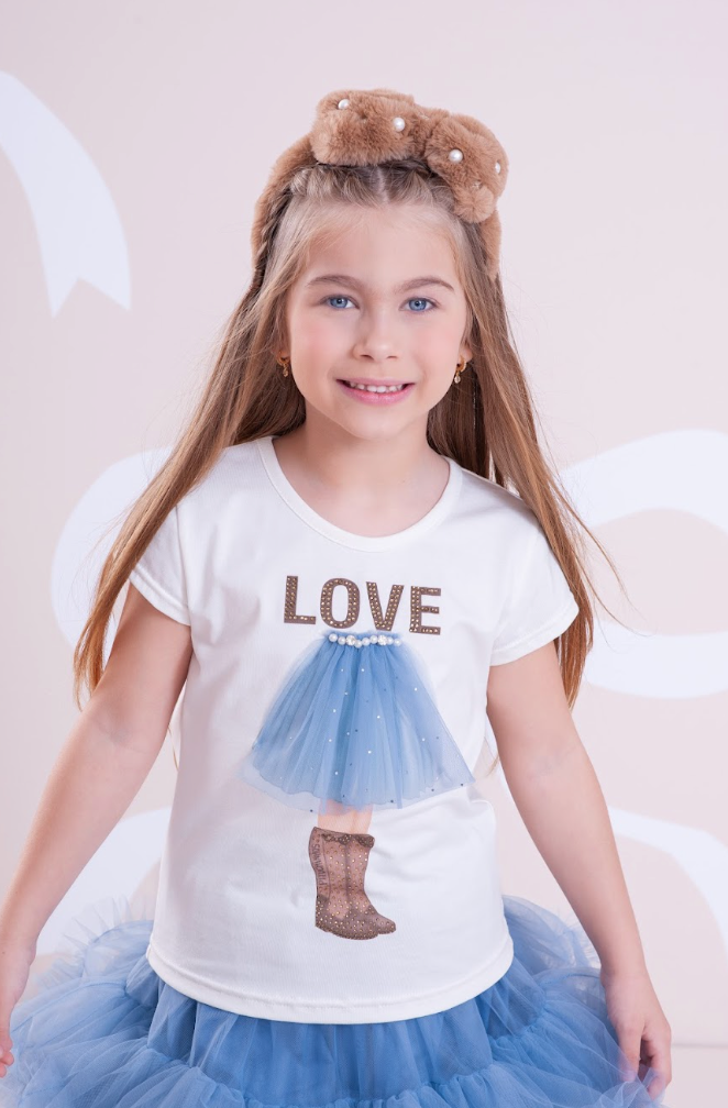 Conjunto Infantil Blusa Cotton Off White Love E Saia Tule Azul Fru-Fru - Pituchinhus