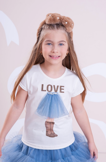 Conjunto Infantil Blusa Cotton Off White Love E Saia Tule Azul Fru-Fru - Pituchinhus