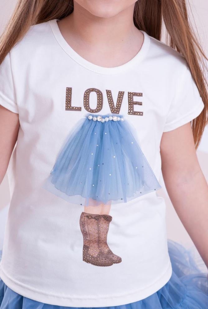 Conjunto Infantil Blusa Cotton Off White Love E Saia Tule Azul Fru-Fru - Pituchinhus