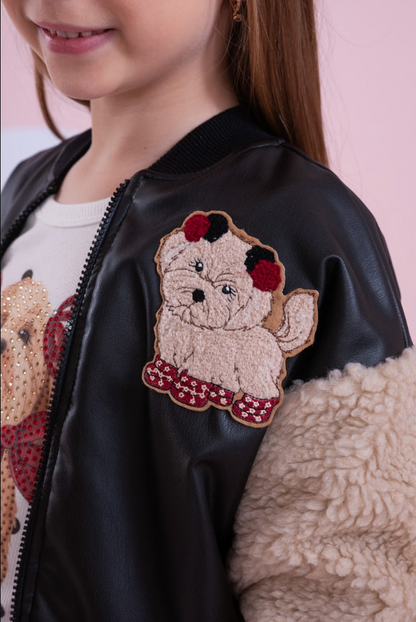 Jaqueta Infantil Patches Couro e Pele Carneirinhos Preta  -Pituchinhus