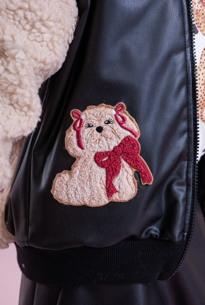 Jaqueta Infantil Patches Couro e Pele Carneirinhos Preta  -Pituchinhus