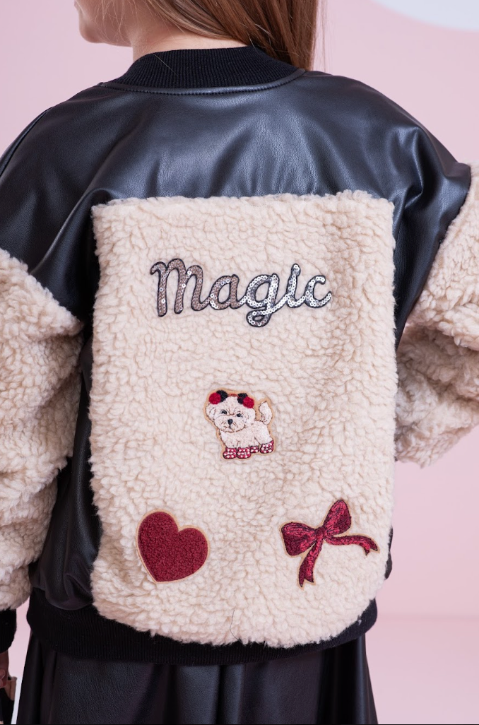 Jaqueta Infantil Patches Couro e Pele Carneirinhos Preta  -Pituchinhus