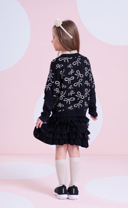 Casaco Infantil Tricot Lacinhos Bordados Pérolas e Cristais Preto - Pituchinhus