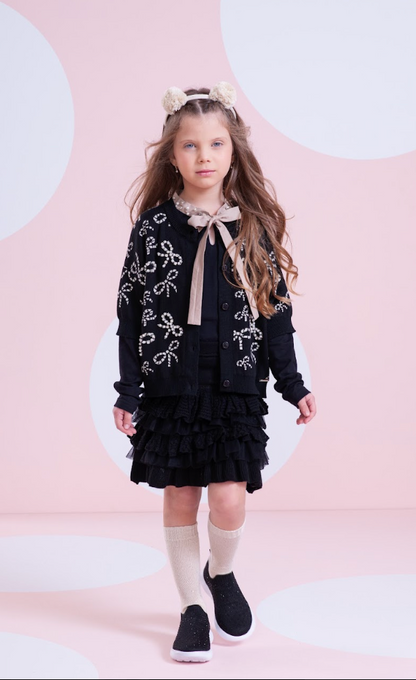 Casaco Infantil Tricot Lacinhos Bordados Pérolas e Cristais Preto - Pituchinhus