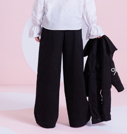 Calça Infantil Sarja Reta Laços Bordados Bolsos Preta - Pituchinhus