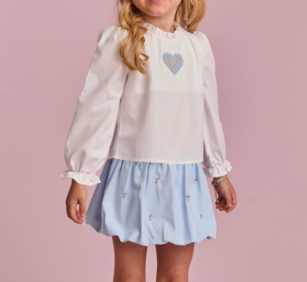 Conjunto Infantil Blusa MC com Coração Off White e Saia Bubble Azul Cristal - Gabriela Aquarela