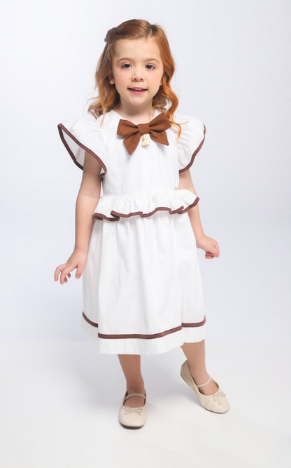 Vestido Infantil Rodado Tricoline Branco com Laço Marrom - Luluzinha PRÉ-VENDA