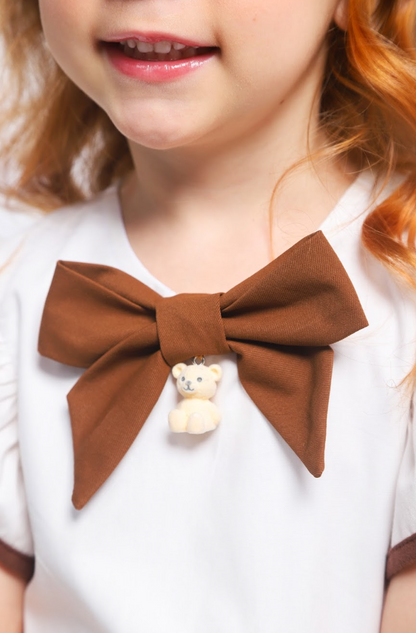 Vestido Infantil Rodado Tricoline Branco com Laço Marrom - Luluzinha PRÉ-VENDA