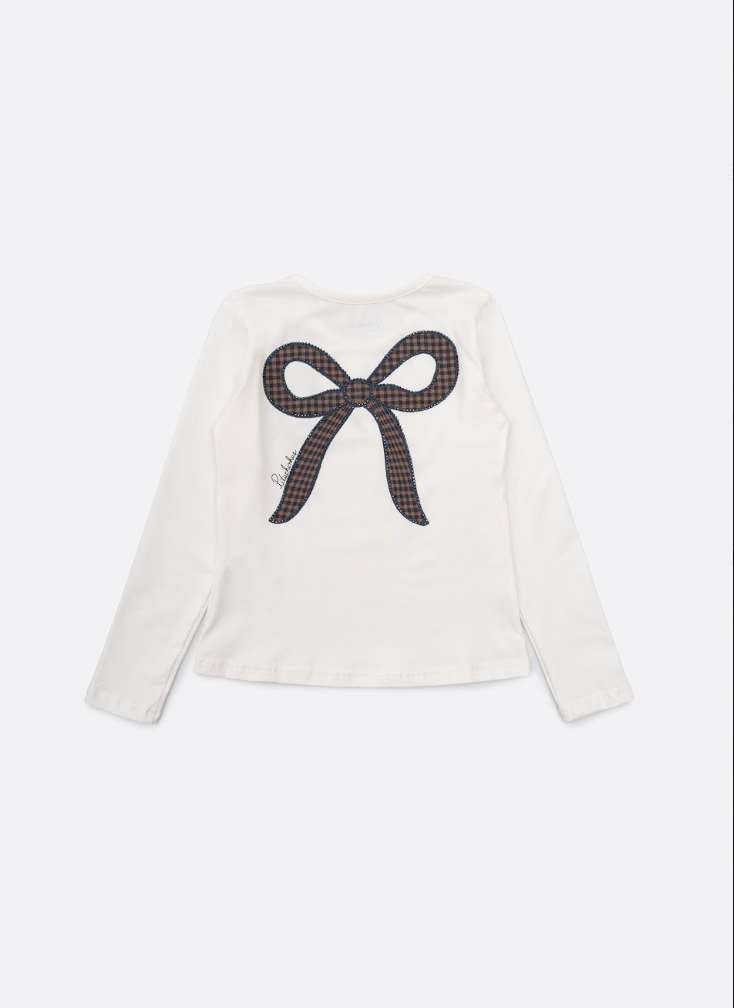 Conjunto Infantil Blusa Off White Laços Bows Are My Fav e Legging Tricot Xadrez Azul - Pituchinhus