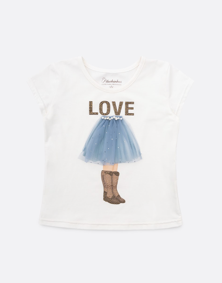 Conjunto Infantil Blusa Off White Love Tule e Legging Tricot Xadrez Azul - Pituchinhus