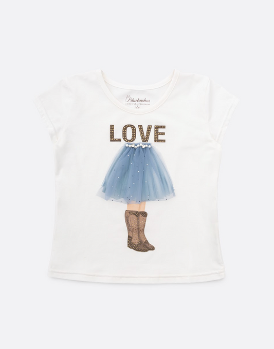 Conjunto Infantil Blusa Off White Love Tule e Legging Tricot Xadrez Azul - Pituchinhus