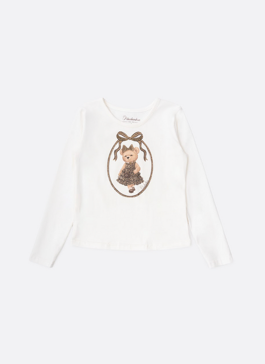 Blusa Infantil Cotton Ursinha Moldura Cristais Off White - Pituchinhus