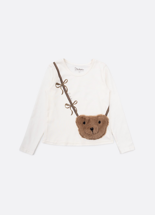 Blusa Infantil Cotton Bolsa Pele Ursinha Off White - Pituchinhus