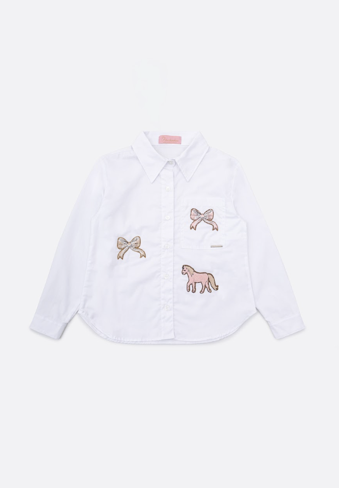 Camisa Infantil Tricoline Ampla Patches Laços e Cavalinho Branca - Pituchinhus