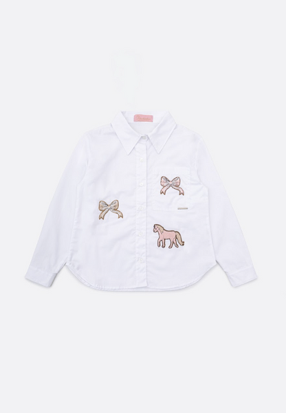 Camisa Infantil Tricoline Ampla Patches Laços e Cavalinho Branca - Pituchinhus