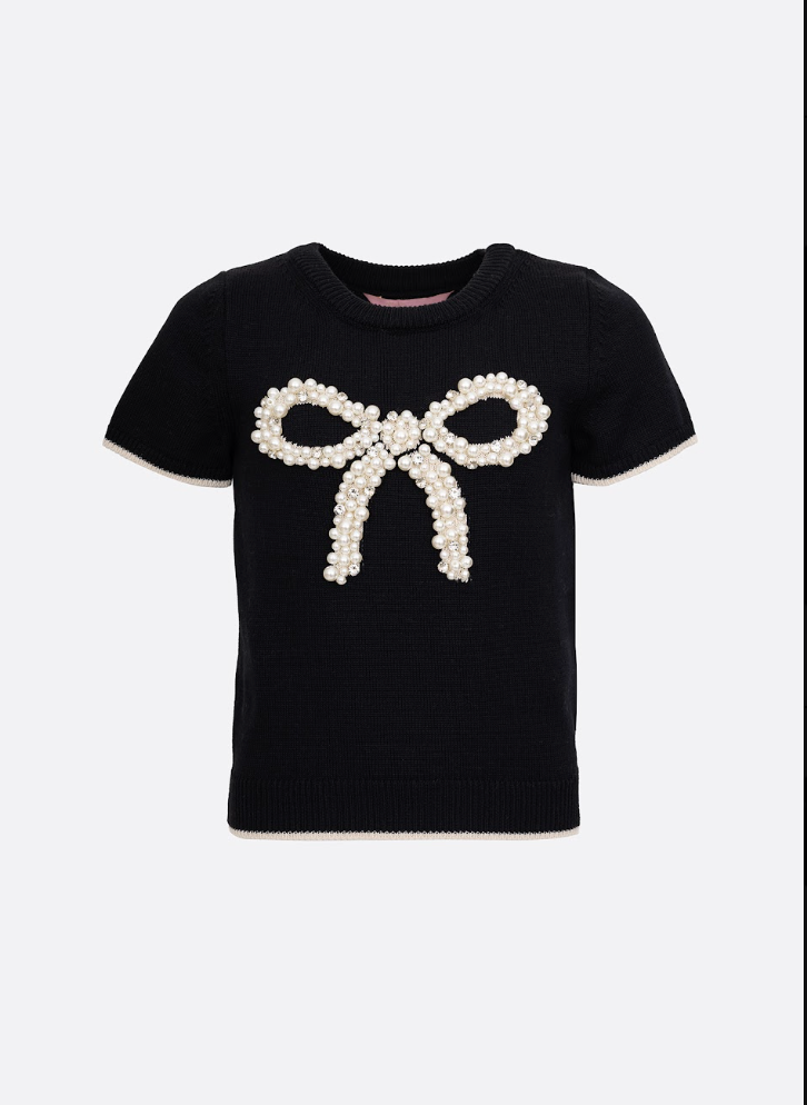 Blusa Infantil Tricot Maxi Laço Bordado Pérolas e Cristais Preta - Pituchinhus