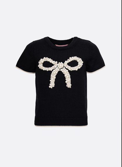 Blusa Infantil Tricot Maxi Laço Bordado Pérolas e Cristais Preta - Pituchinhus