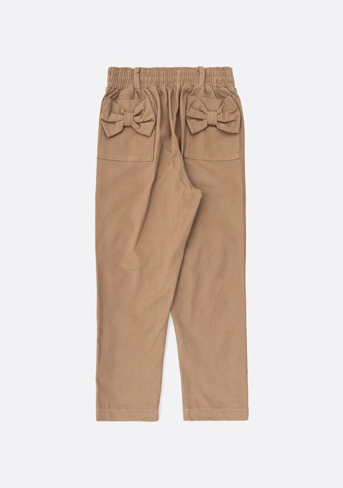 Calça Infantil Sarja Bolsos Laço Bege Escuro - Pituchinhus