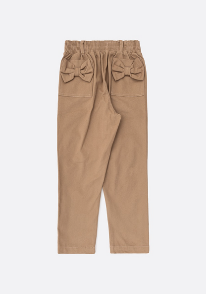 Calça Infantil Sarja Bolsos Laço Bege Escuro - Pituchinhus