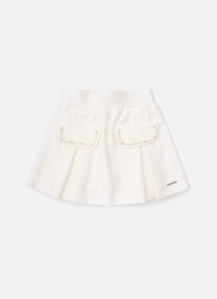 Saia-shorts Infantil Bouclé Pregas Lapelas Bordadas Pérolas e Cristais Off White - Pituchinhus
