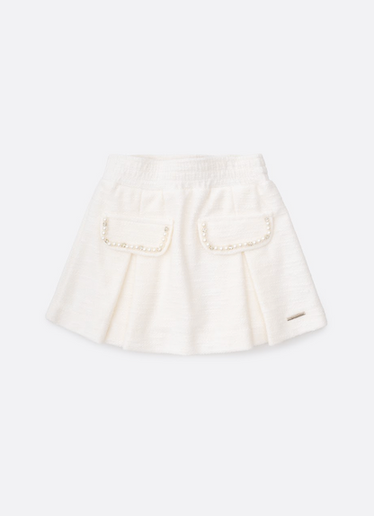 Saia-shorts Infantil Bouclé Pregas Lapelas Bordadas Pérolas e Cristais Off White - Pituchinhus