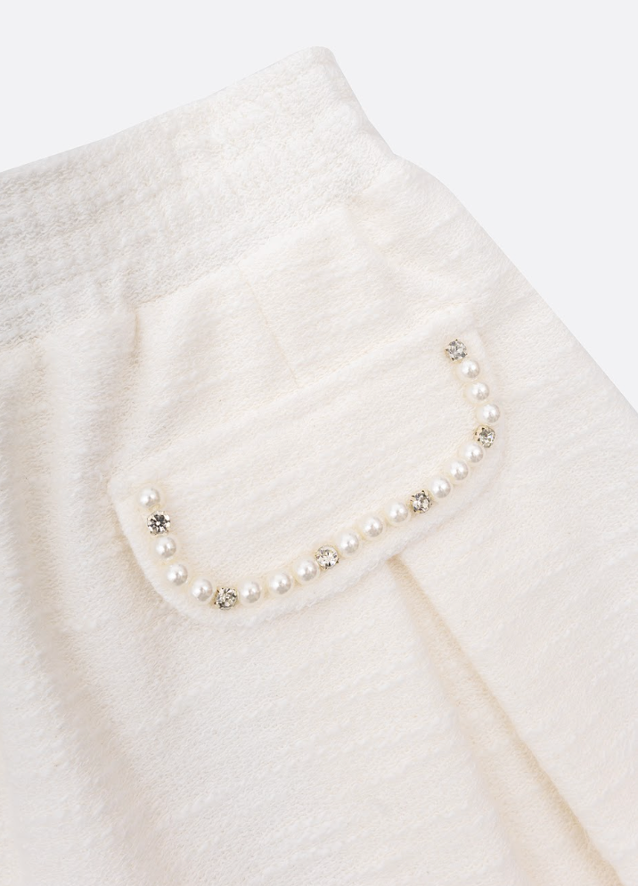 Saia-shorts Infantil Bouclé Pregas Lapelas Bordadas Pérolas e Cristais Off White - Pituchinhus
