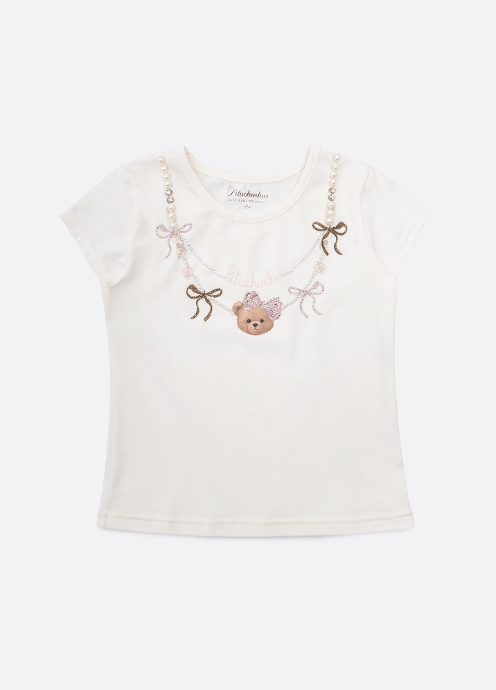 Blusa Infantil Algodão Cotton Ursinha Colar Bordado Off White - Pituchinhus