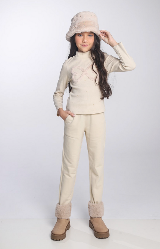 Conjunto Infantil Blusa ML Infinito e Calça Jogger Malha Canelada Bege - Luluzinha