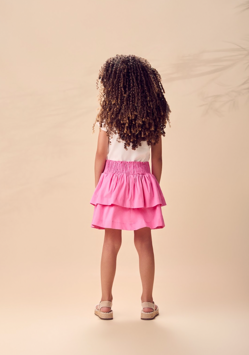 Conjunto Infantil Blusa Off Joia Coração e Saia Babado Rosa - Animê