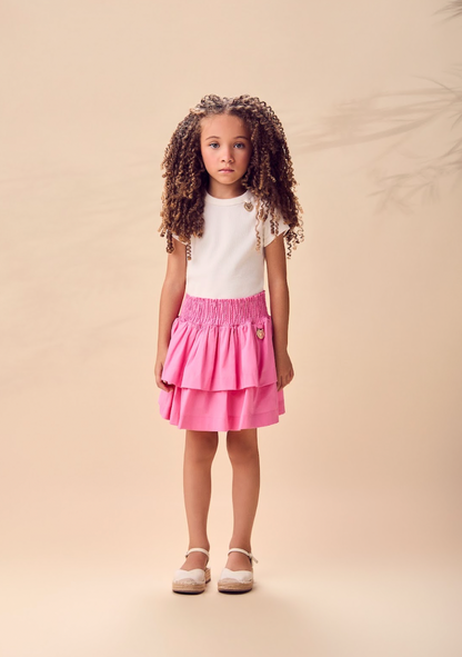 Conjunto Infantil Blusa Off Joia Coração e Saia Babado Rosa - Animê