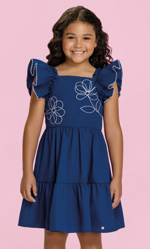 Vestido Infantil Bordado de Flores Com Babados - Mon Sucré - Pré Venda