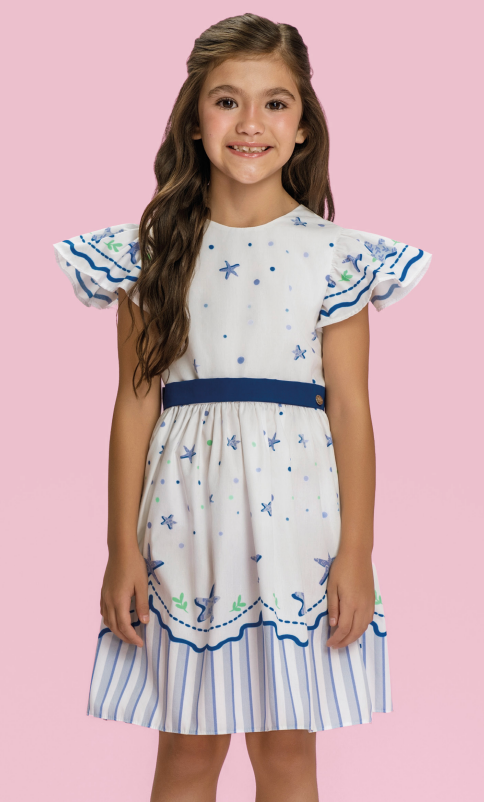 Vestido Infantil Estampa Fundo do Mar Com Babados - Mon Sucré - Pré Venda