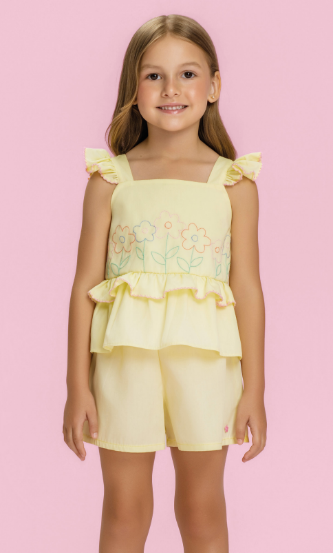 Conjunto Infantil Blusa Bordada Com Babados No Ombro e Shorts Amarelo - Mon Sucré - Pré Venda