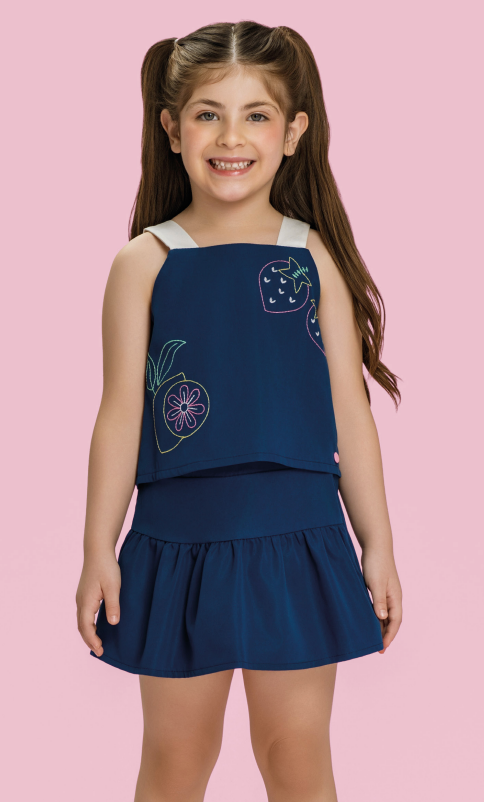 Conjunto Infantil Bordado de Frutas e Shorts Saia Tricoline - Mon Sucré - Pré Venda