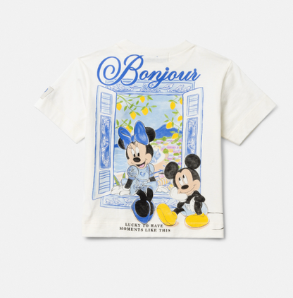Conjunto Infantil Blusa Estampa Minnie e Mickey Bonjour e Saia Shorts Infantil Laço Bordado de Tomate - Animê
