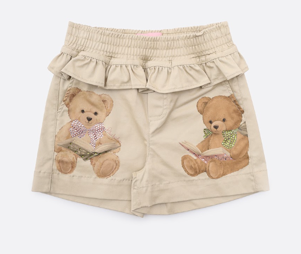 Blusa Infantil Cotton Ursinhas Laços de Cristais e Short Infantil Sarja Babados Ursinhos e Cristais - Pituchinhus