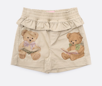 Blusa Infantil Cotton Ursinhas Laços de Cristais e Short Infantil Sarja Babados Ursinhos e Cristais - Pituchinhus