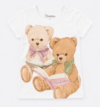 Blusa Infantil Cotton Ursinhas Laços de Cristais e Short Infantil Sarja Babados Ursinhos e Cristais - Pituchinhus