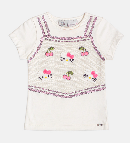 Conjunto Infantil Blusa Hello Kitty Bordado e Shorts Jeans Com Pingente - Momi - Pré Venda