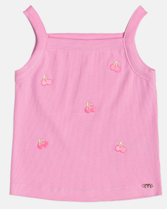 Conjunto Infantil Regata Rosa Com Cerejas e Saia Jeans Pregas Com Pingente - Momi - Pré Venda